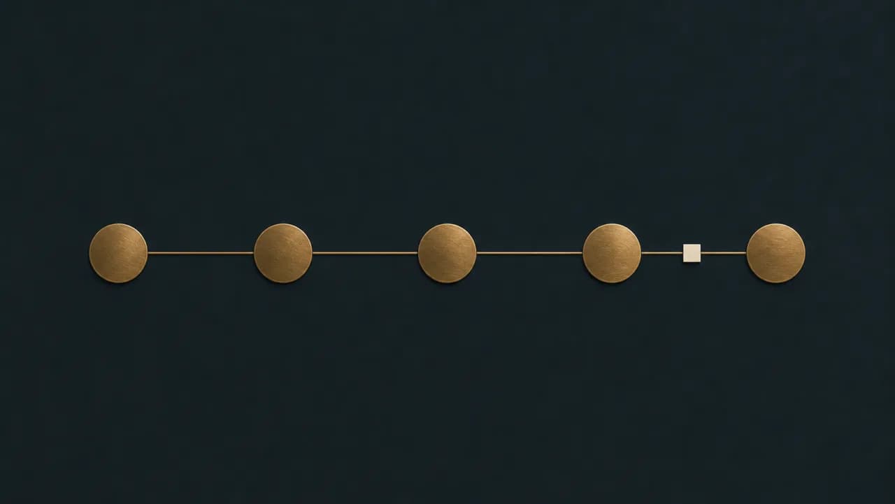 A line of brass nodes on a deep teal field passing a single lit token from one to the next along a connected path, each node a distinct step, evoking AI agents handing off a task to completion.