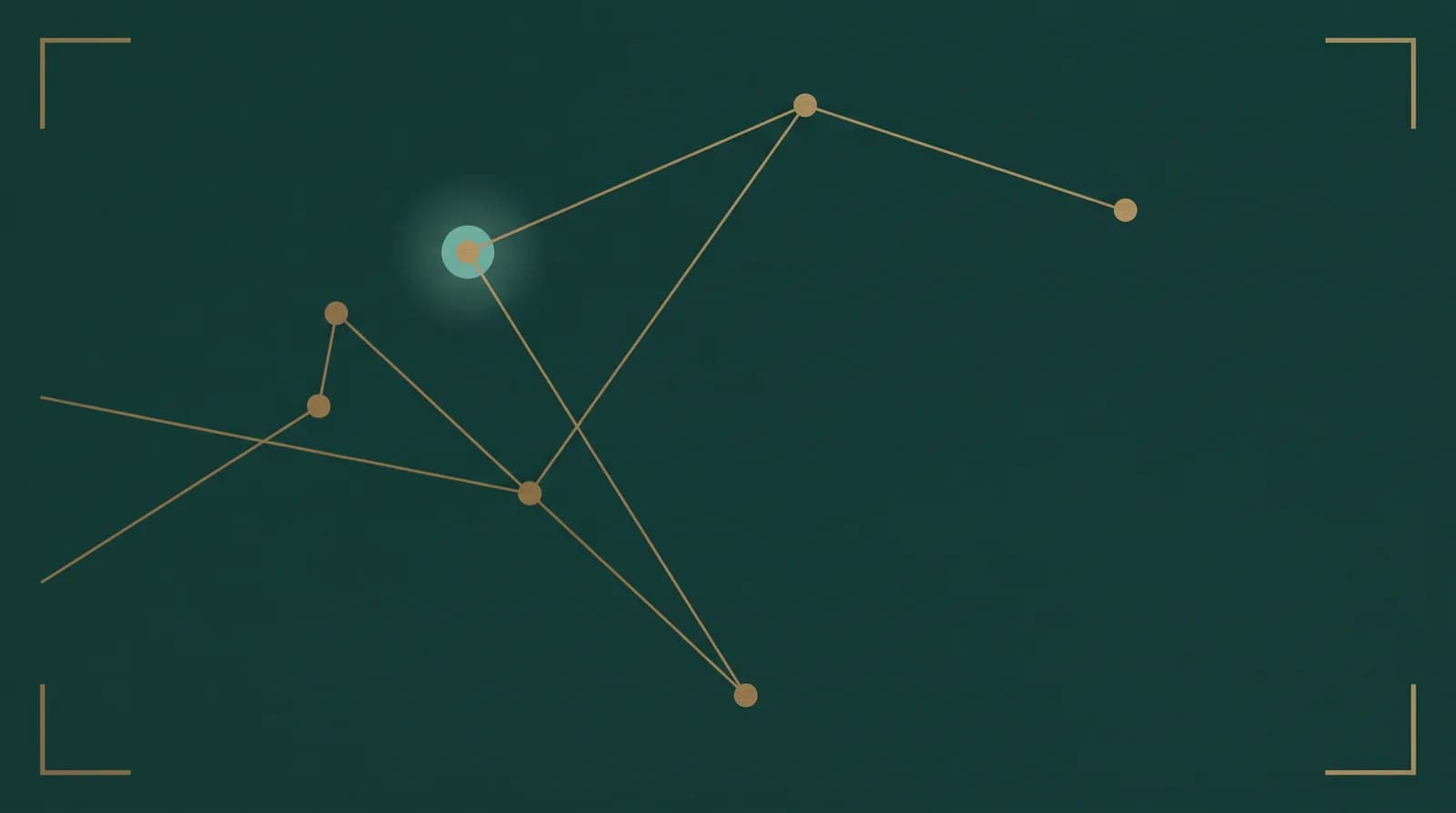 A minimal brass constellation of connected points on a deep teal field, one node lit in pale teal, evoking AI agents that coordinate as one system.