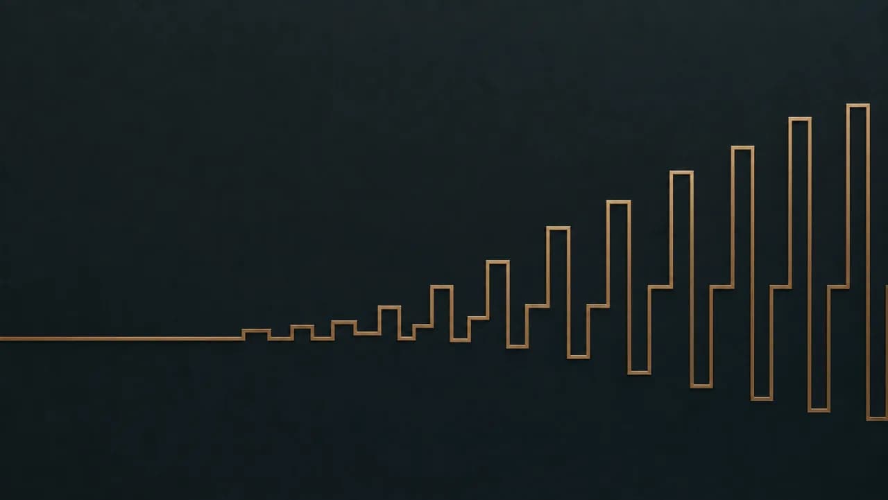 A brass audio waveform rising from a flat low line on the left to a tall steady amplitude on the right across a deep teal field, evoking a call answer rate climbing over time.