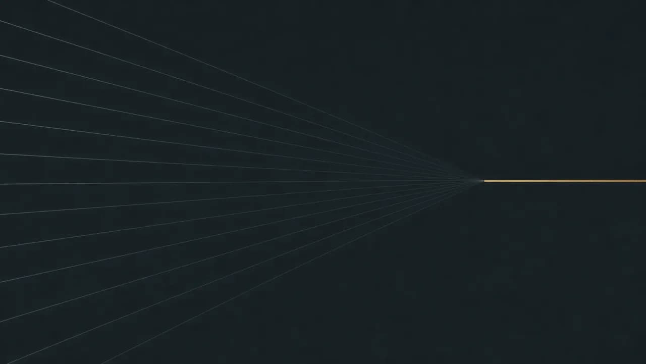 Many faint grey query lines on a deep teal field converging on one line resolved in bright brass, evoking a single page being chosen as the cited answer among many.