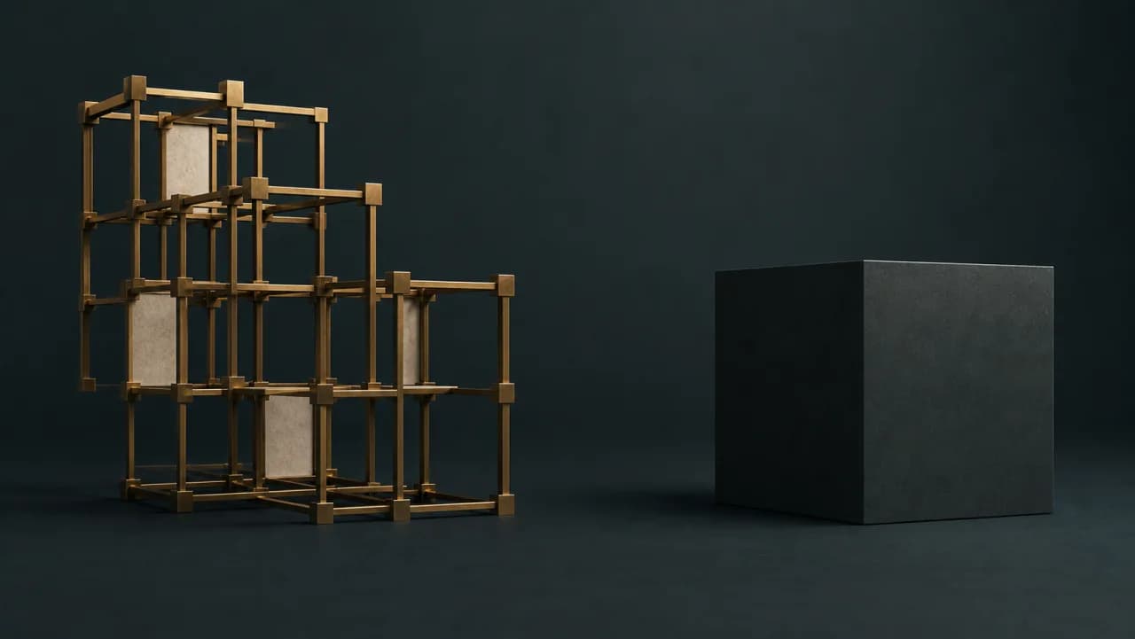 On the left an open brass framework of jointed modular parts, on the right a single sealed graphite box, set on a deep teal field, evoking the choice between a built system and an off-the-shelf product.