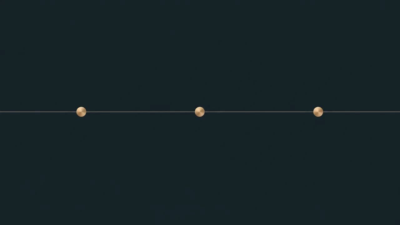 A horizontal graphite timeline on a deep teal field marked by three brass milestone points at even intervals, evoking the three phases of a first ninety-day AI deployment.