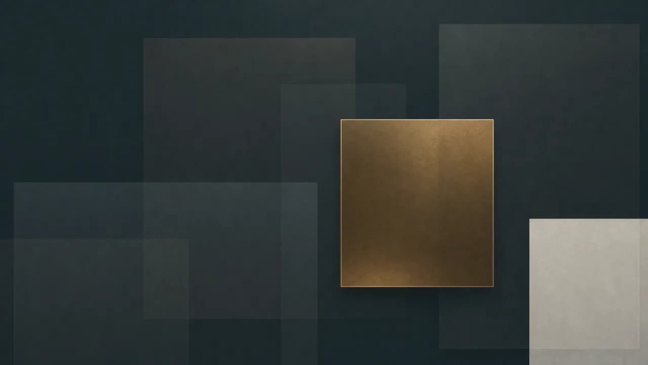 Several translucent graphite panels overlapping on a deep teal field with one panel resolved in sharp brass focus, evoking a clear choice made among similar-looking options.