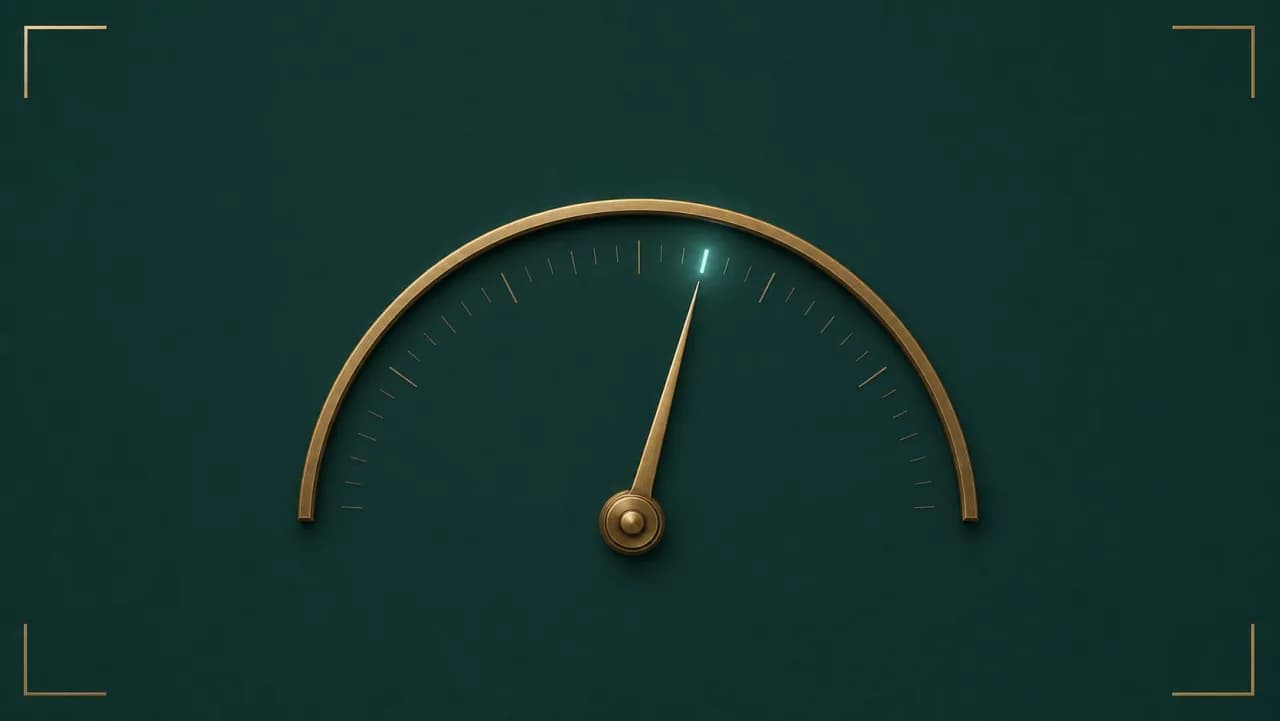 A minimal brass measurement dial on a deep teal field with faint graphite tick marks and a single needle resting on one mark lit in pale teal, evoking an AI system judged against one real number.