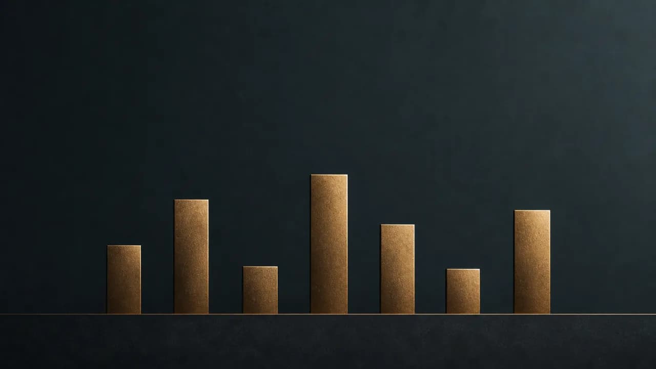 A row of brass vertical bars of varying heights rising from a graphite baseline on a deep teal field, evoking the separate cost drivers that make up an AI project budget.