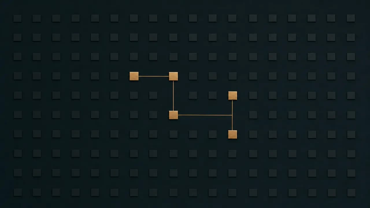 A dense grid of small graphite tiles on a deep teal field, nearly all dim, with a handful lit in warm brass and joined by thin lines, evoking the small share of AI projects that reach real impact.
